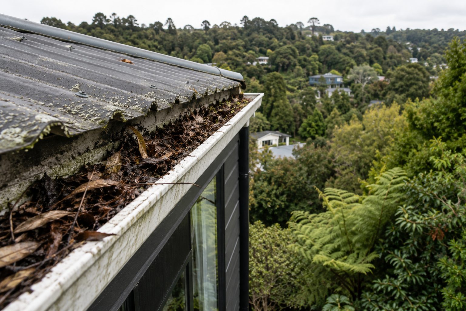 Blocked gutter filled with leaves on a Titirangi home surrounded by native bush