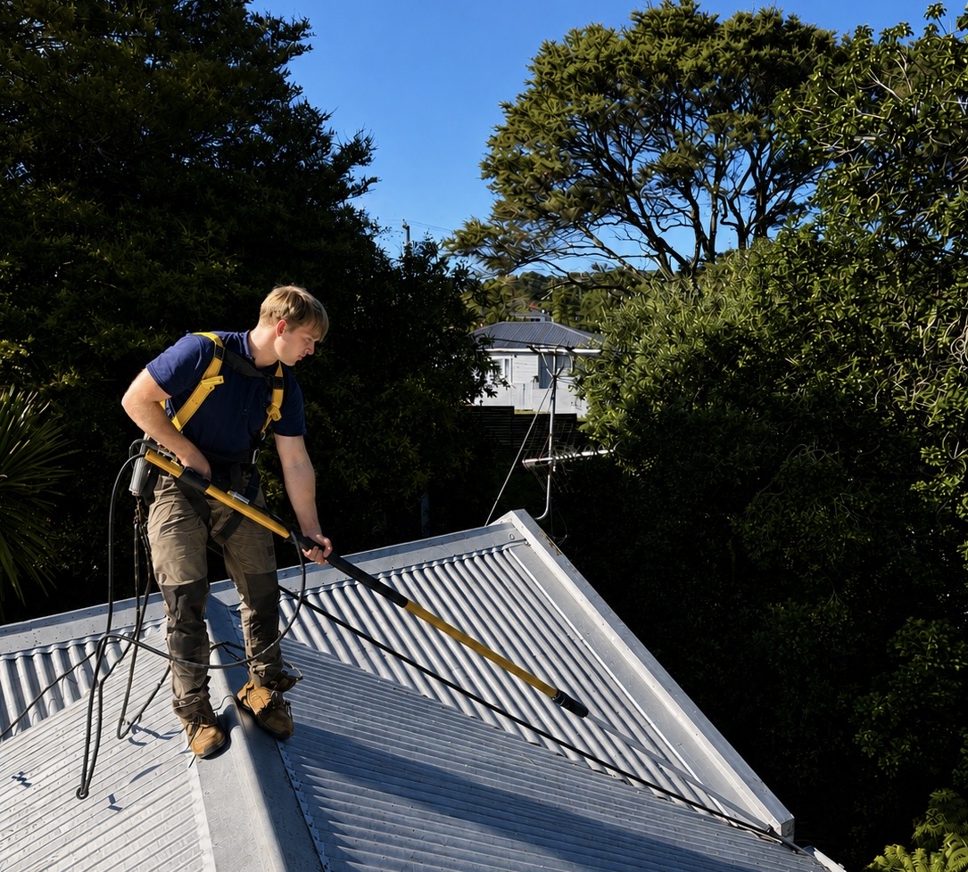Will clearing a roof and gutters safely in a harness on an Auckland home